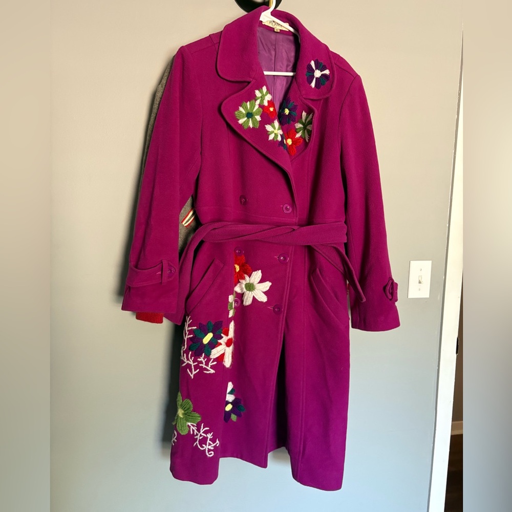 Romy Magenta Coat with Embroidery Flowers